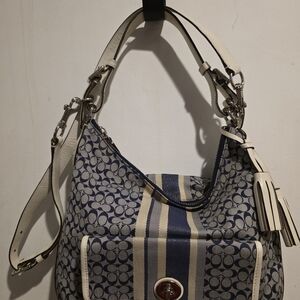 Coach Navy and Cream Signature Hobo Bag
